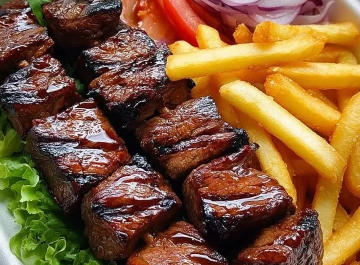 Grilled steak skewers with crispy fries and fresh salad on a rustic table
