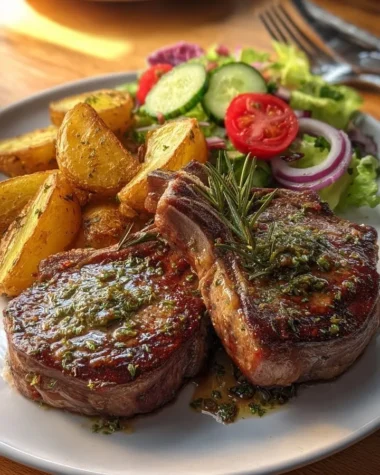 Delicious herb butter lamb chops with roasted potatoes and a fresh garden salad
