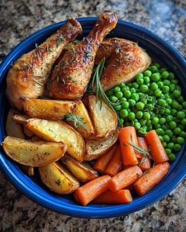 Herb roasted chicken drumsticks served with potato wedges, peas, and carrots.