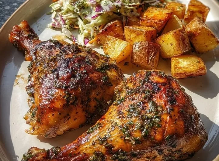 Herb roasted chicken leg quarters served with crispy potatoes and creamy coleslaw