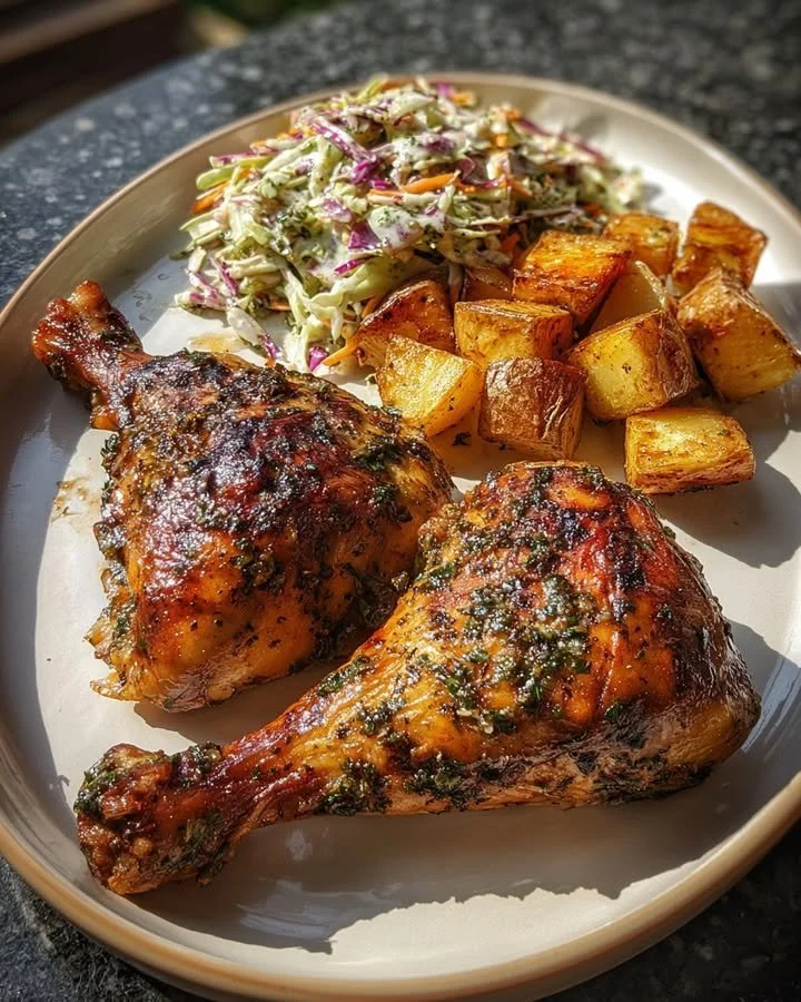 Herb roasted chicken leg quarters served with crispy potatoes and creamy coleslaw