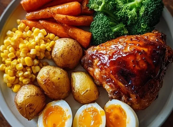Honey glazed roast chicken served with vegetables and eggs.