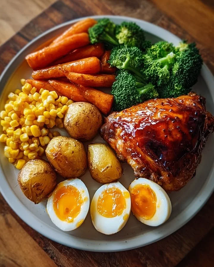 Honey Glazed Roast Chicken with Vegetables & Eggs 33 Honey glazed roast chicken served with vegetables and eggs.
