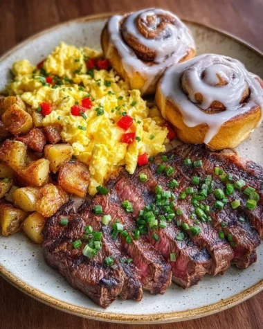 Juicy steak and eggs breakfast platter served with warm cinnamon rolls