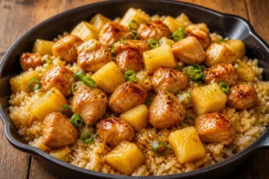 One-Pan Hawaiian Chicken with rice, colorful vegetables, and tropical flavors