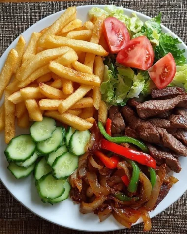 One-Pan Steak Fajita Fries served with vibrant peppers and onions