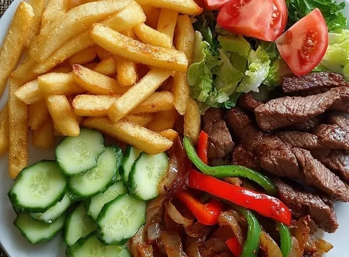 One-Pan Steak Fajita Fries served with vibrant peppers and onions