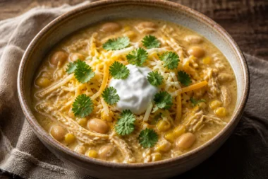 Delicious one-pot white chicken chili served in a bowl topped with cilantro.
