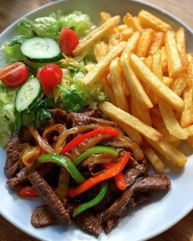 Delicious pepper steak stir-fry with crispy fries and fresh garden salad