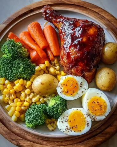 Smoky BBQ chicken leg quarter served with colorful veggies and eggs.
