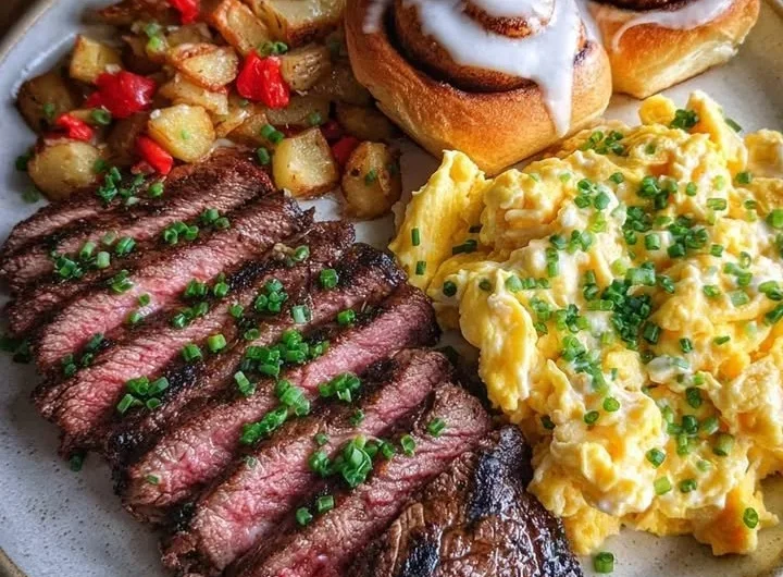 Steak Breakfast Plate with scrambled eggs and cinnamon rolls served on a plate