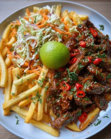 Delicious sticky chili beef strips served with crispy fries and coleslaw