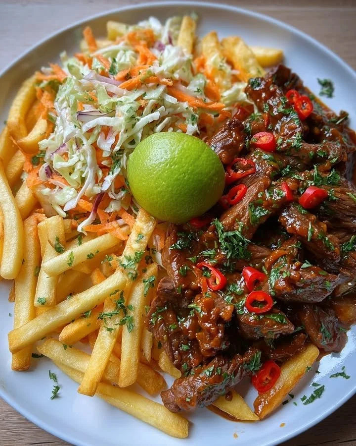 Sticky Chili Beef Strips with Crispy Fries & Coleslaw 33 Delicious sticky chili beef strips served with crispy fries and coleslaw