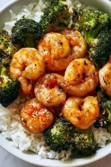 Garlic Butter Shrimp with Broccoli and Rice Bowl served in a bowl