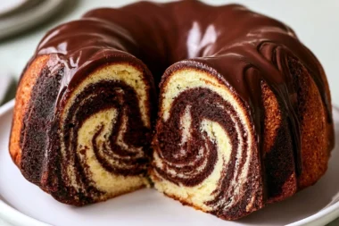 Slice of authentic German Marble Cake topped with chocolate glaze