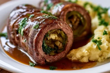 Delicious plate of authentic German Rouladen with gravy and sides