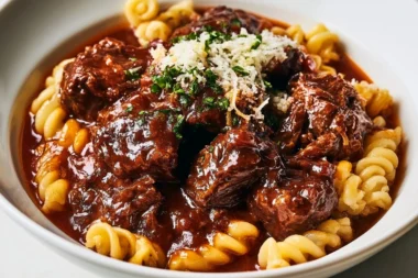 Bowl of authentic Hirschgulasch, a traditional German venison goulash dish.