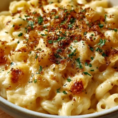 Delicious plate of authentic Käsespätzle, traditional German macaroni and cheese.
