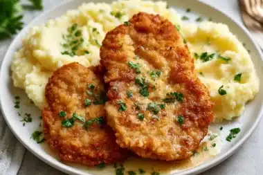 Delicious Classic Wiener Schnitzel served with lemon and potatoes