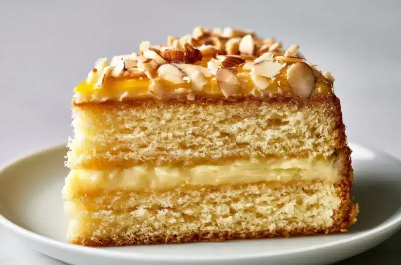 Slice of German Bee Sting Cake topped with creamy filling and almonds