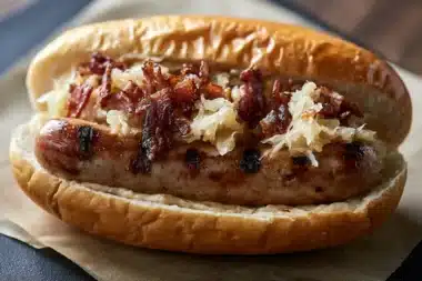 Delicious German bratwurst with sauerkraut served on a plate