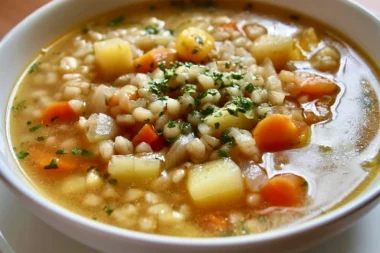 A bowl of steaming Graupensuppe with barley and vegetables.