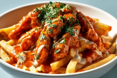 Delicious homemade currywurst served on a plate with curry powder and sauce.