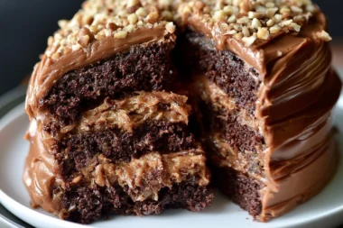 Slice of homemade German chocolate cake topped with frosting and pecans