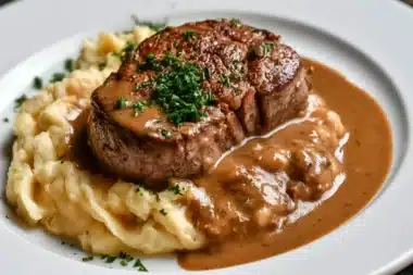 Delicious traditional Rahmschnitzel served with creamy sauce and garnish