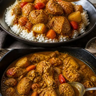 Authentisches Jamaikanisches Curryhähnchen 38 Authentisches Jamaikanisches Curryhähnchen serviert mit Reis und Gemüse