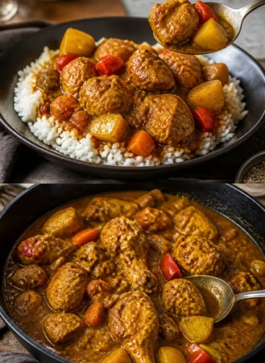 Authentisches Jamaikanisches Curryhähnchen serviert mit Reis und Gemüse