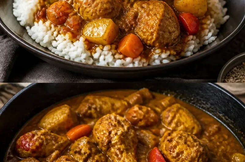 Authentisches Jamaikanisches Curryhähnchen serviert mit Reis und Gemüse