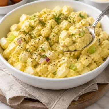 Eine Schüssel mit cremigem Eiersalat, serviert mit frischem Brot.