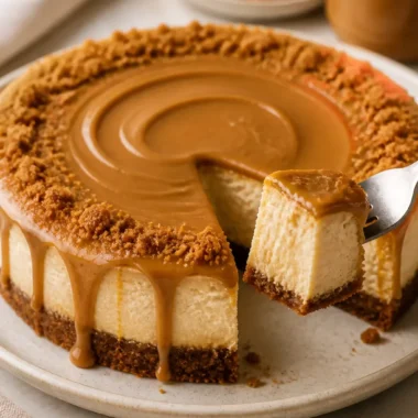 Biscoff Käsekuchen mit Karamell und Biscoff-Keksen dekoriert