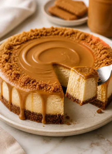 Biscoff Käsekuchen mit Karamell und Biscoff-Keksen dekoriert