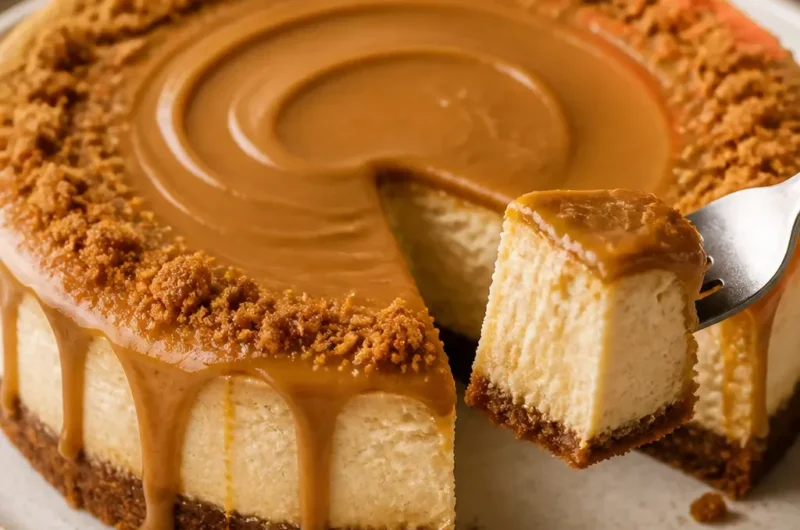 Biscoff Käsekuchen mit Karamell und Biscoff-Keksen dekoriert