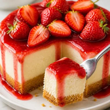 Leckerer Erdbeer-Käsekuchen auf einem Teller, dekoriert mit frischen Erdbeeren.