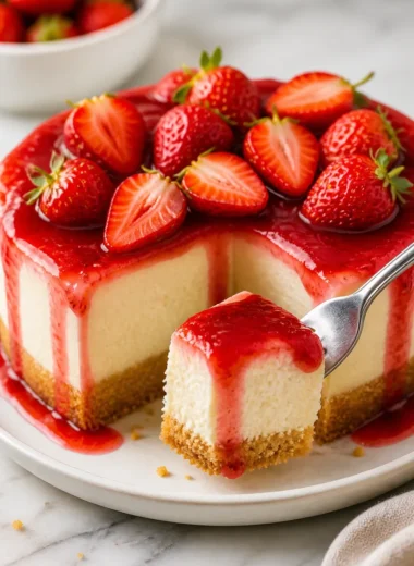 Leckerer Erdbeer-Käsekuchen auf einem Teller, dekoriert mit frischen Erdbeeren.