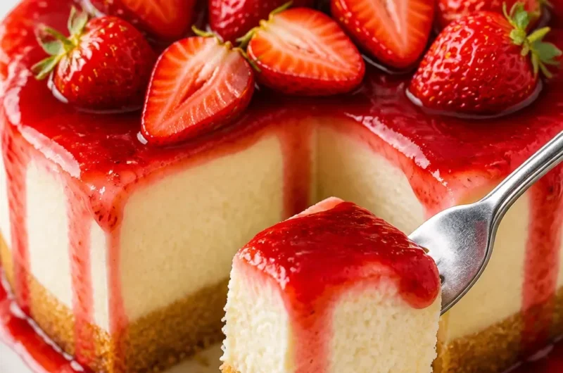 Leckerer Erdbeer-Käsekuchen auf einem Teller, dekoriert mit frischen Erdbeeren.