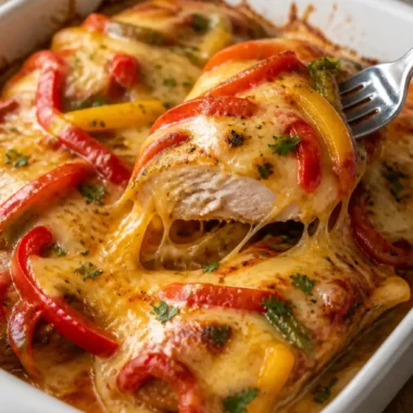 Käseüberbackenes Hähnchenbrust mit Paprika 38 Käseüberbackenes Hähnchenbrust mit Paprika auf einem Teller serviert