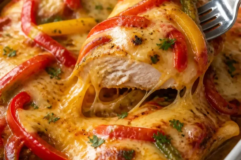 Käseüberbackenes Hähnchenbrust mit Paprika auf einem Teller serviert