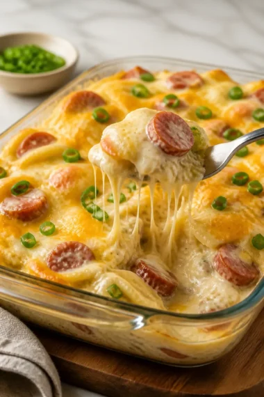 Hausgemachte Pierogi Casserole mit Käse und Kartoffeln, perfekt für ein Familienessen.