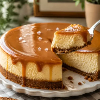 Ein verführerisches Stück Salz-Karamell-Cheesecake auf einem Teller.