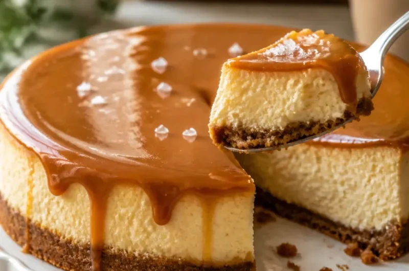 Ein verführerisches Stück Salz-Karamell-Cheesecake auf einem Teller.