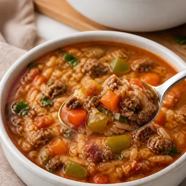 Stuffed Peppers Soup 37 Schale mit gefüllter Paprika Suppe, die reichhaltig und herzhaft aussieht.