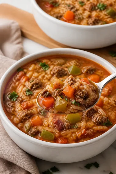 Schale mit gefüllter Paprika Suppe, die reichhaltig und herzhaft aussieht.