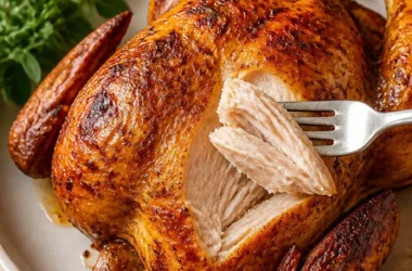 Delicious air fryer rotisserie chicken freshly cooked and garnished