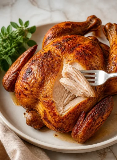 Delicious air fryer rotisserie chicken freshly cooked and garnished