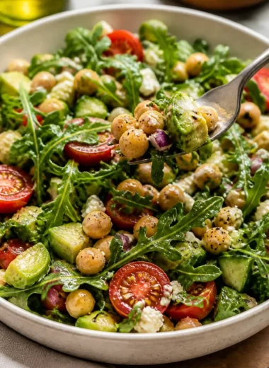 Avocado-Kichererbsensalat mit Rucola und Feta im Sommer