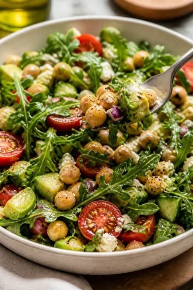 Avocado-Kichererbsensalat mit Rucola und Feta im Sommer